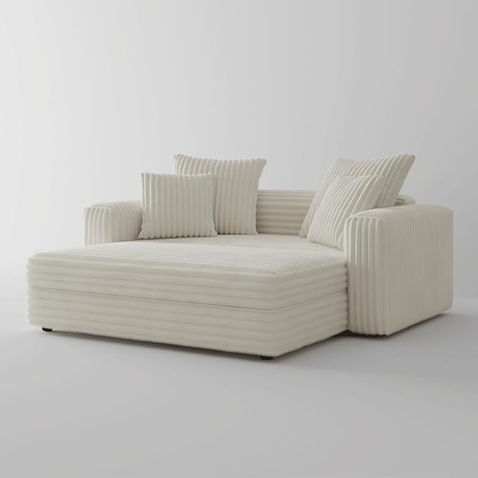 Acanva Oversized Cozy Chaise Lounge Chair Indoor with Removable Ottoman Modern Upholstered Fluffy Sleeper Sofa Bed Comfy Reclining Couch for Living Room Bedroom White