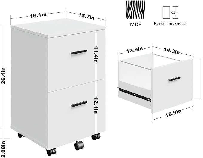 Panana 2 Drawer Mobile File Cabinet Wood Rolling Filing Cabinet Printer Stand Under Desk Storage Organizer Fits Letter Size File Folders for Home Office (White)