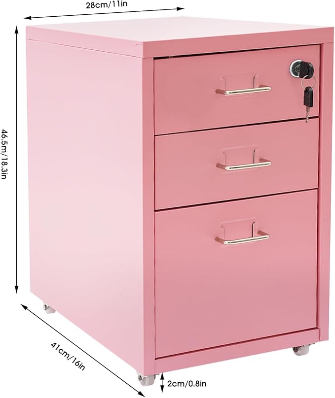 3-Tier Vertical File Cabinet Metal Mobile File Cabinet with Lock+Wheels Lockable Filing Cabinet with 2 Keys Rolling File Cabinets with Lock for Home Office (Pink)