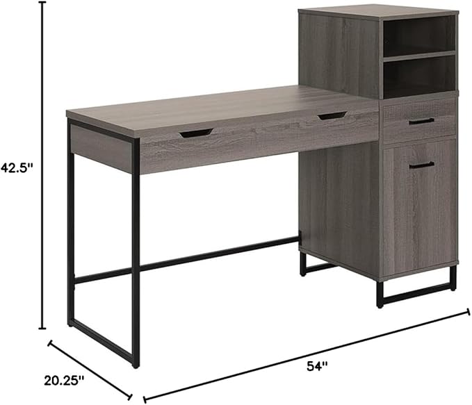 Pemberly Row Lane Worksmart Sit-to-Stand Desk Farm Oak Engineered Wood Adjustable Height with Hutch 54 W x 20.25 D x 42.5 H Storage Shelves Desk Drawer Home Office Organization