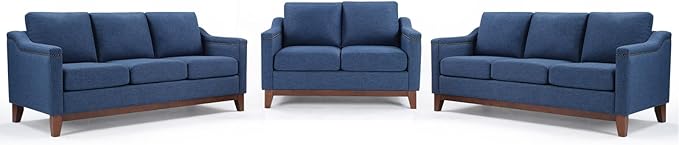 Modern 3 Piece Sofa Set with Rivets Included Chenille Loveseat 2-Seater Sofa and Upholstered 3-Seater Couches Set of 2 with Solid Wood Legs Living Room Furniture SetBlue
