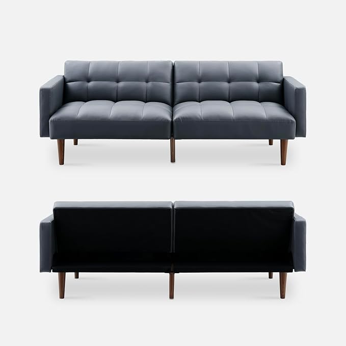 mopio Aaron 76.8 Couch Small Futon Sofa Bed Sleeper Loveseat Mid Century Modern Futon Couch Sofa Cama Couches for Living Room Bedroom (Cloud Gray Faux Leather)