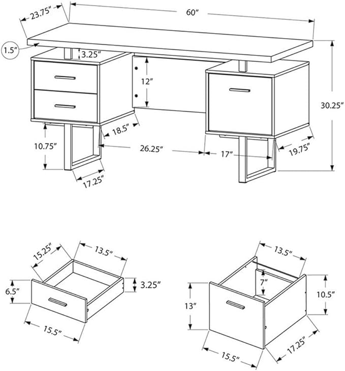 BOWERY HILL Computer Desk 60 L Engineered Wood Taupe Finish 3 Storage Drawers Reversible Design Black Metal Legs Modern Home Office Laptop Desk