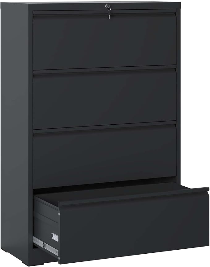 4 Drawer Small File Cabinet with Lock - Heavy-Duty Metal Filing Cabinet for Home Office Under Desk Locking Drawers Storage Cabinet OrganizerBlack