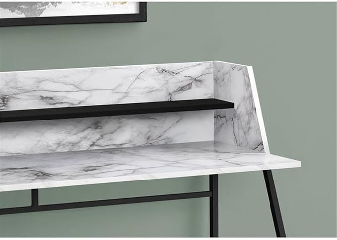 Pemberly Row 48 in Computer Desk White Marble Look Laminate Black Metal Base Hutch with Shelf Contemporary Home Office Laptop or Writing Table Compact Space-Saving Design