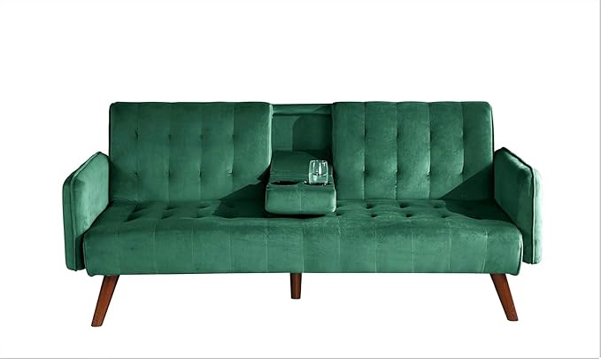 Leno 72 Sleeper Sofa Bed - Convertible Folding Backrest to Full Bed with Cup Holder &amp Drop-Down Table - Space Saving Linen Sofa for Small Spaces - Easy Assembly Green