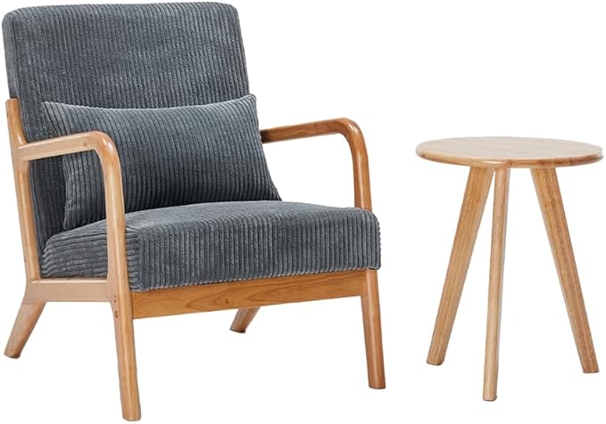 Mid-Century Accent Chair Upholstered Fabric Living Room Chair with Solid Wood Frame Modern Small Side Arm Chairs Comfy Wingback Reading Chair for Bedroom Office (Dark Grey A+Table)