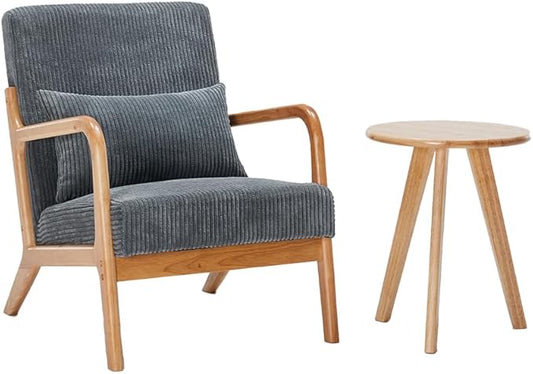 Mid-Century Accent Chair Upholstered Fabric Living Room Chair with Solid Wood Frame Modern Small Side Arm Chairs Comfy Wingback Reading Chair for Bedroom Office (Dark Grey A+Table)