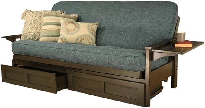 Kodiak Furniture Alamosa Full Size Futon Frame with Storage Drawers - Wood Sofa Sleeper Frame with Mattress Included in Linen Aqua Blue Color