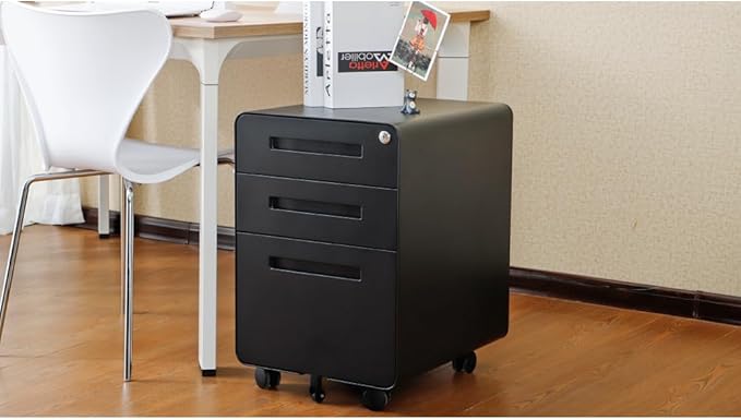 Modern 3-Drawer Mobile Filing Cabinet with Lock for Office or Home Use – Metal Storage Organizer for Letter Legal &amp A4 Files (YH-Black)
