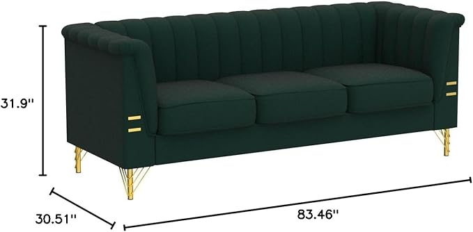 83.46 W Green Velvet Sofa Couch with Metal Gold Legs 3-Seater High Arm Upholstered Sofa for Living Room Bedroom Office (Green)