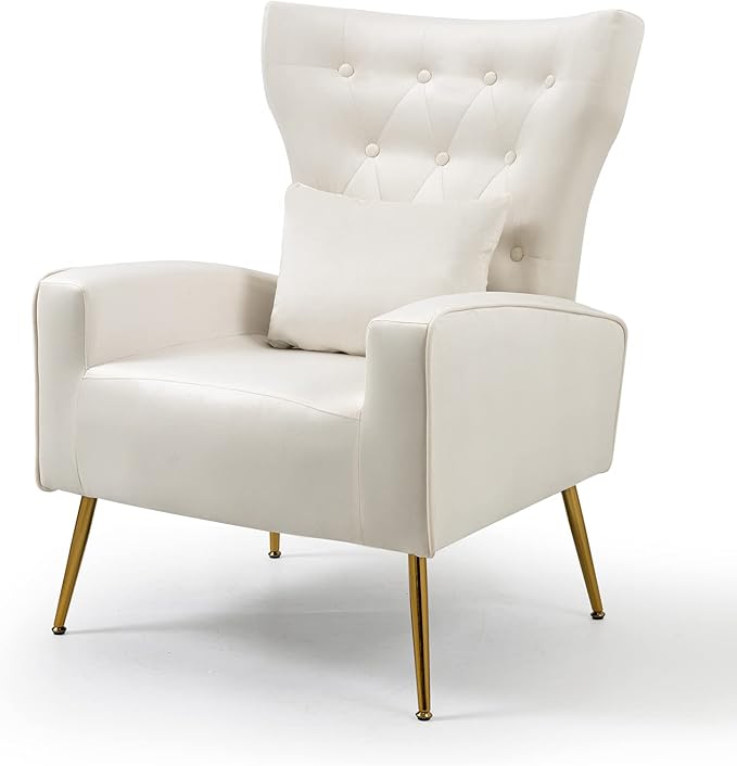 Button-Tufted Living Room Chairs Set of 2 WingBack Velvet Accent Chair Armchair with Lumbar Pillow Bedroom Chairs Vanity Chair Arm Chair with Golden Legs Cream