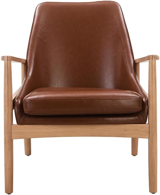 PU Leather Accent Chair Mid Century Modern Armchair with Solid Wood e Reading Leisure Chair with High Back for Living Room