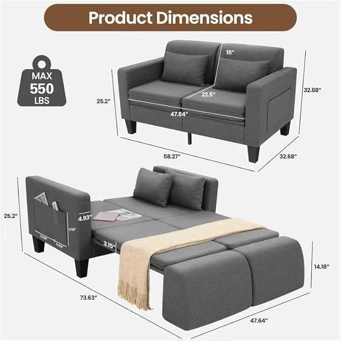 SEJOV 6-in-1 Convertible Sofa Bed 58 Loveseat Sleeper Sofas with Pull Out Couch Bed Removable Backrest Storage Pockets and 2 Pillows Modern Folding Linen Futon Couch for Small Spaces Gray