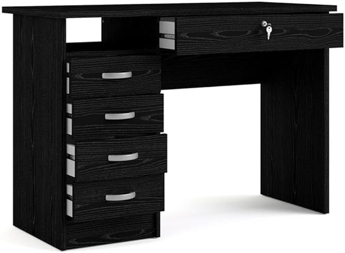 Pemberly Row Contemporary Desk with 5 Drawers Black Woodgrain Foil Finish 43 in x 19 in x 30 in Lockable Large Drawer Metal Glides Engineered Wood Home Office or Living Room Minimalist