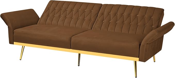 70 Velvet Futon with Adjustable Backrest and Armrests Sofa Bed with Extra Pillows for Waiting Room Living Room and Office Brown