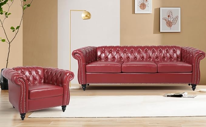 AVZEAR 2-Piece Living Room Sectional Sofa Set Upholstered Sofa Modern Sofa Couches Set Style Button Tufted PU Chesterfield Sofa for Living Room Apartment 1+3 Seat PU Claret