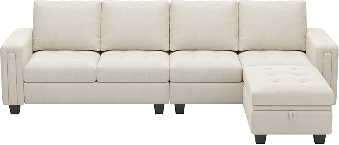Belffin Velvet Reversible Sectional Sofa with Chasie Convertible L Shaped 4-seat Sectional Couch with Storage Ottoman Beige