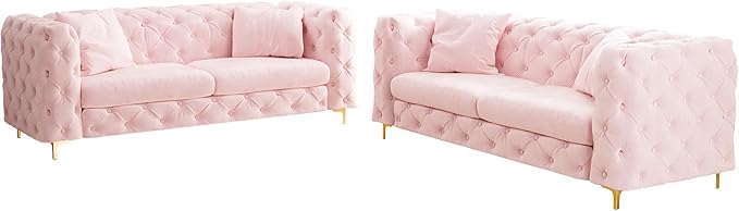 75 Sofa Couch Mid Century Modern Velvet Couch Tufted Button Sofa High Armrest &amp Metal Gold Legs Luxury Chesterfield Decor with 2 Piilows Comfy Loveseat for Living Room Pink