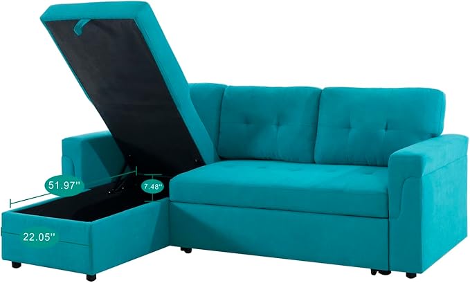 Naomi Home Teal Velvet Sectional Sleeper Sofa with Storage Reversible L-Shaped Pull-Out Couch 72x32x32 inches Jenny