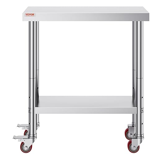 VEVOR Stainless Steel Work Table 30 x 12 x 34 Inch 700 LBS Load Capacity with 4 Wheels 3 Adjustable Height Levels Heavy Duty Food Prep Worktable for Commercial Kitchen Restaurant Silver
