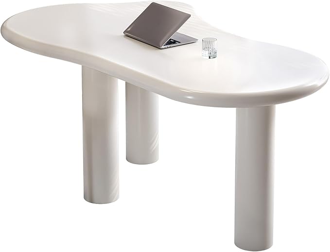 Modern 62.2 Cloud-Shaped Cream White Office Desk with Sculptural Pillar Legs Rounded Corners Minimalist Computer Table Easy to Assemble Ideal for Home Office (Desk Only)