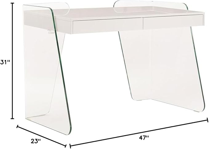 Pemberly Row Modern Engineered Wood Office Desk 47 W x 23 D x 31 H High Gloss White 2 Soft-Close Drawers Clear Glass Detail Contemporary Home Office Desk for Workspace Organization