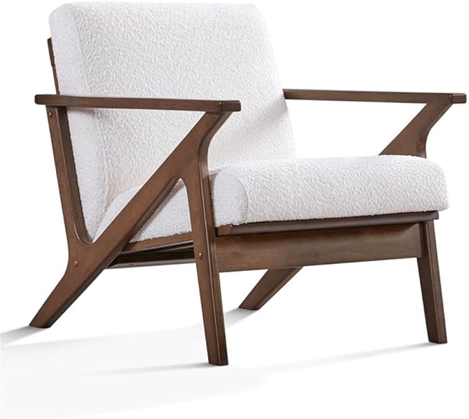 Zola Mid Century Modern Accent Chair Arm Chair: The Perfect Reading Living Room and Bedroom Chairs for Modern Home Furniture Use! Solid Wood Frame White Boucle/Walnut