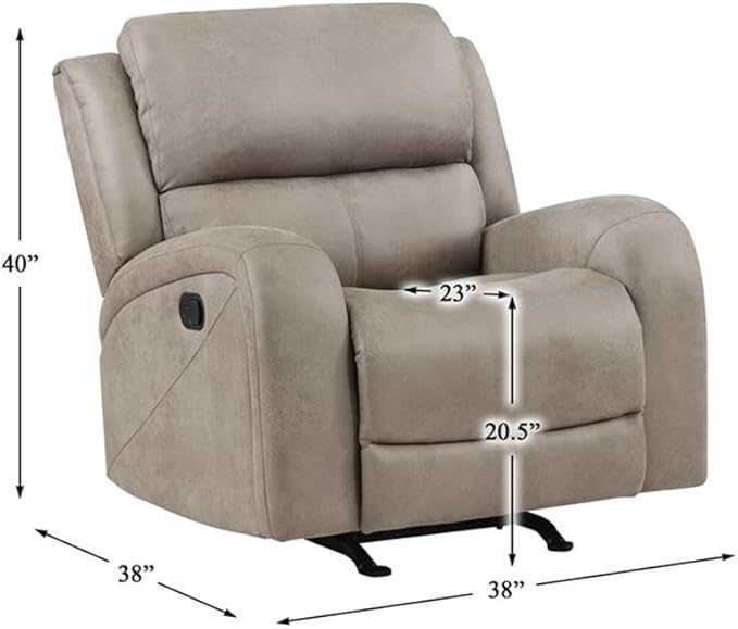 Pemberly Row Rocker Reclining Chair 40H x 38W x 38D Polished Microfiber Upholstery Brown Finish Padded Seat and Back Tab Pull Recliner Gentle Rocking Motion Transitional Living Room Seating