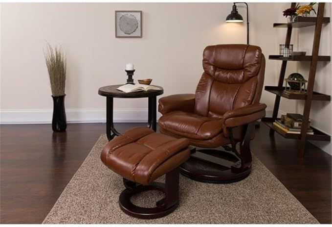 BOWERY HILL Contemporary Leather Recliner Vintage Brown LeatherSoft Upholstery 41.25 H x 33 W x 34-44.5 D Plush Arms Swivel Base and Mahogany Wood Frame Living Room or Office Chair