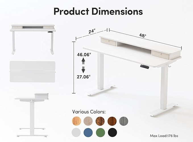 CubiCubi 48 x 24 Inch Electric Height Adjustable Standing Desk with Double Drawers 4 Adjustable Feet &amp 2 Hooks Home Office Computer Workstation White