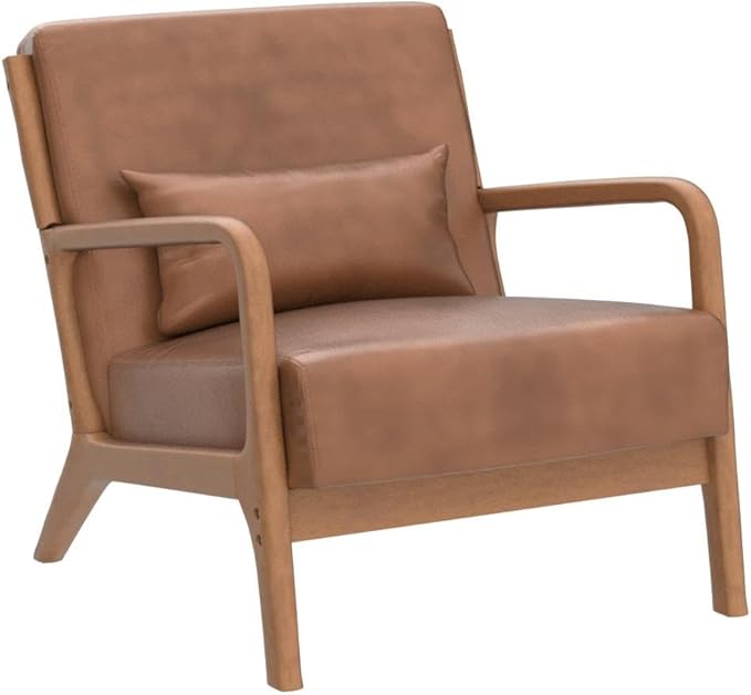 INZOY Mid Century Modern Accent Chair with Wood Frame PU Leather Reading Armchair with Waist Cushion Upholstered Living Room Chairs for Bedroom Sunroom (Camel)