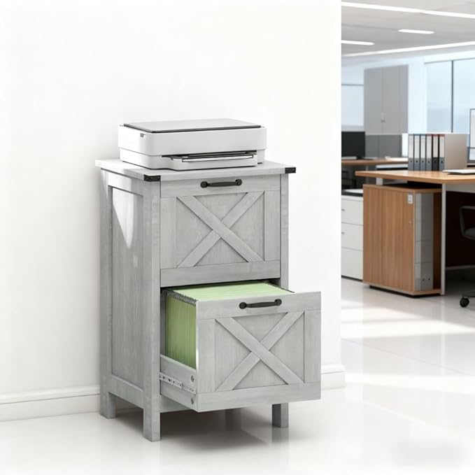 2 Drawer File Cabinet with Lock - Farmhouse Small Filing Cabinet Under Desk Storage Organizer with Locking Drawers for Home OfficeLightGray