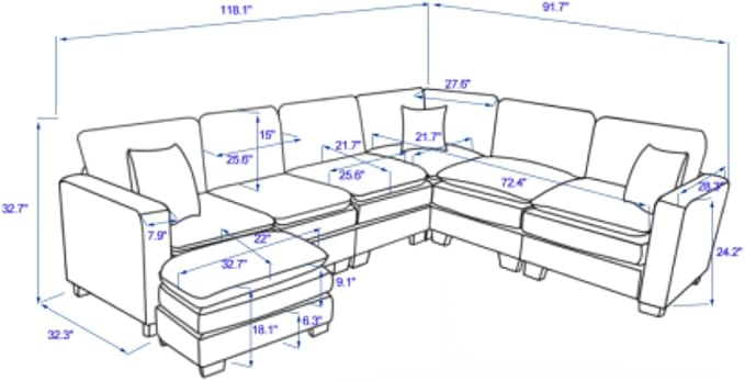 Modern U Shaped 6-seat Sectional Sofa Couch with one Ottoman and Three toss PillowsModular Sofa for Living RoomCorduroy Sofa (WhiteCorduroy-7 Seat)