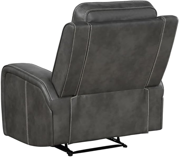 Pemberly Row Modern Faux Leather Upholstered Recliner Chair Manual Wall Hugger Gray 41.25 H x 35.75 W x 40.5 D Foam Padding Pocket Coil Spring Cushion Cozy Seating for Living Room or Home