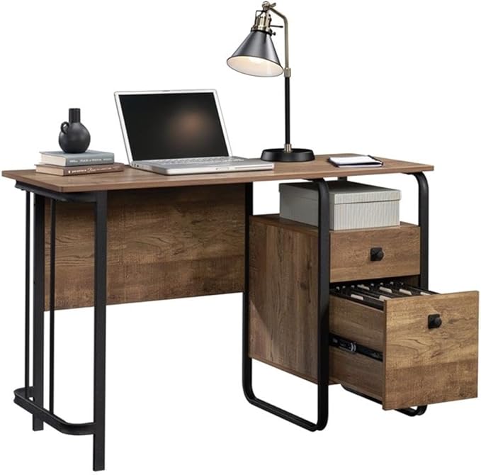 Pemberly Row Contemporary Engineered Wood and Metal Desk 47 in Wide Etched Oak Finish Powder-Coated Metal Frame Spacious Workspace Storage Drawers Home Office Computer Desk