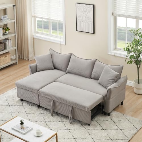 80'' Convertible Sectional Sofa Couch 3 Seat L Shaped Sleeper Sofa Bed with Pillows and Storage Chaise Pull Out Couch Bed Modern Corduroy Small Couches Futon for Living Room Apartment (Gray)