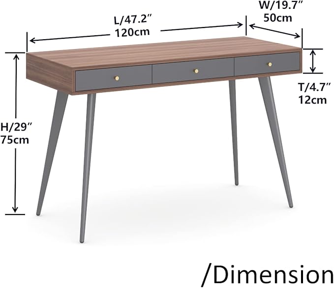 Update Writing Desk 47 with 3 Drawers|Modern Mid Century Desk for Home Office (Walnut + Dark Grey)