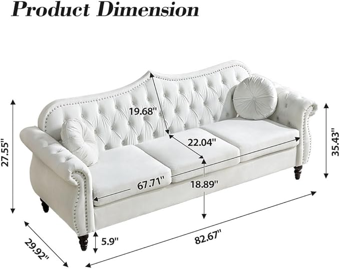 3 Seater Chesterfield Sofa Velvet Modern Tufted Velvet Couch with Scroll Arms and Nailhead Classic Chesterfield Settee Couches (White)