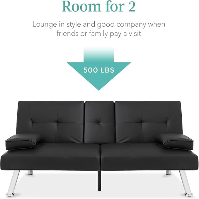 Modern Futon Sofa Bed 67 Inch Leather Convertible Futon Couch Loveseat Sleeper for Small SpacesComfy Folding Recliner Couches for Living Room Adjustable Backrest2 Cup HoldersMetal Legs (BLACK)