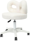 Vanity Chair with Cute Bow Backrest Adjustable Height Bedroom Vanity Stool Roller Chair with 5 Wheels White Make-up Chair Armless Dressing Chair for Bedroom Living Room