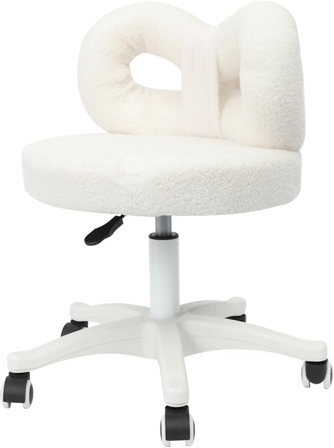 Vanity Chair with Cute Bow Backrest Adjustable Height Bedroom Vanity Stool Roller Chair with 5 Wheels White Make-up Chair Armless Dressing Chair for Bedroom Living Room
