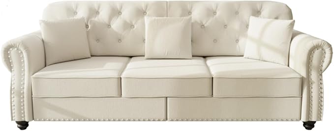 82.6 Width Beige Velvet Upholstered Sectional Sofa with 3 Footrests Button Tufted Back Nailhead Trim &amp Rolled Arms Modern Chesterfield Style Living Room Couch with 3 Pillows