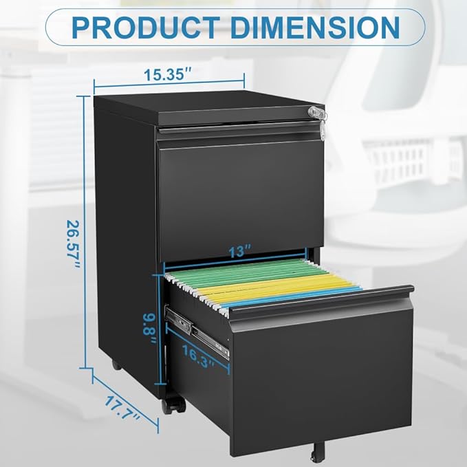 3-Drawer Mobile Filing Cabinet with Lock Legal/Letter Sized Office Storage Suitable for Offices and Study Rooms (2 Drawer Black)
