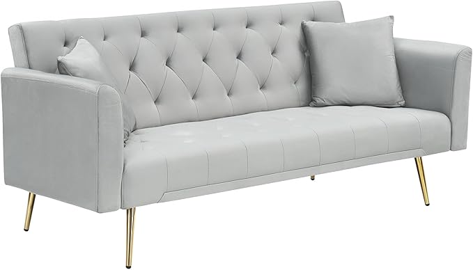 71 Modern Velvet Sofa Bed Futon Convertible Sleeper Couch with Adjustable Backrest Tufted Recliner Loveseat with Golden Chrome Legs &amp 2 Pillows for Small Spaces Living Room Apartment (Gray)