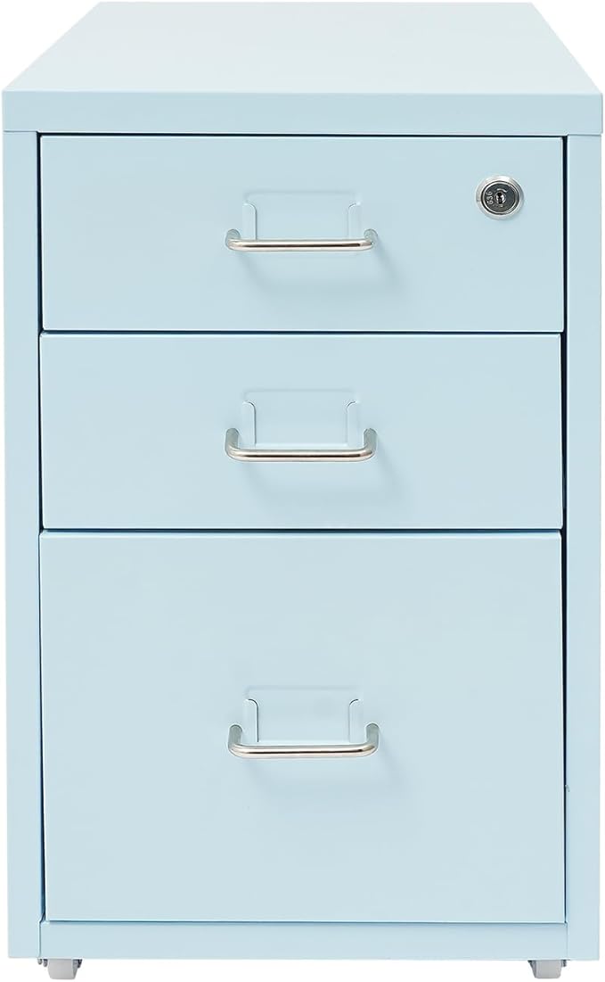 3 Drawer File Cabinet with Lock Metal Vertical Mobile File Cabinet Blue Rolling Under Desk Filing Cabinet for Home Office
