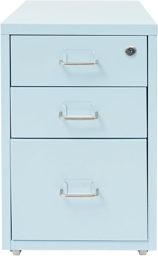 3 Drawer File Cabinet with Lock Metal Vertical Mobile File Cabinet Blue Rolling Under Desk Filing Cabinet for Home Office