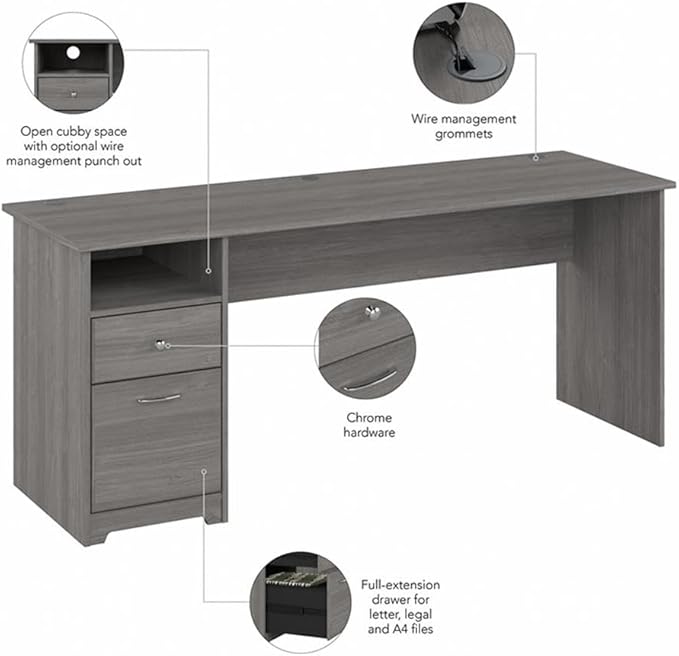 Bush Home Cabot 72W Computer Desk with Drawers in Modern Gray Large Work Table and Built-in Storage for Home Office 6 Foot Long Desktop