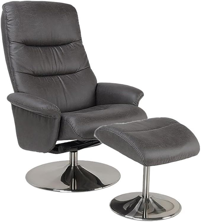 Pemberly Row Contemporary Swivel Recliner Chair with Ottoman Charcoal Leather Look Fabric 30.3 W x 30.7 D x 40.7 H Ergonomic Design 360° Swivel Sturdy Wood Base Living Room Lounge