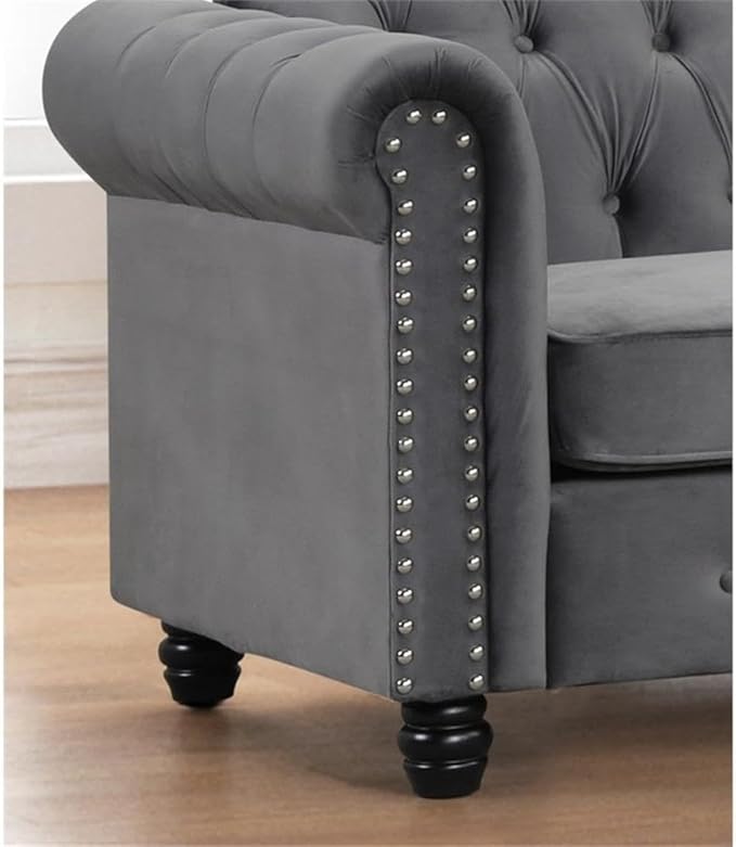 Chesterfield Button Tufted Velvet Fabric Livingroom Sofa-Gray